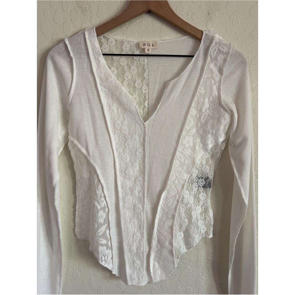 POL Isabella Waffle Thermal Raw Seam Sheer Lace Long Sleeve Top Small White Boho - Picture 9 of 12